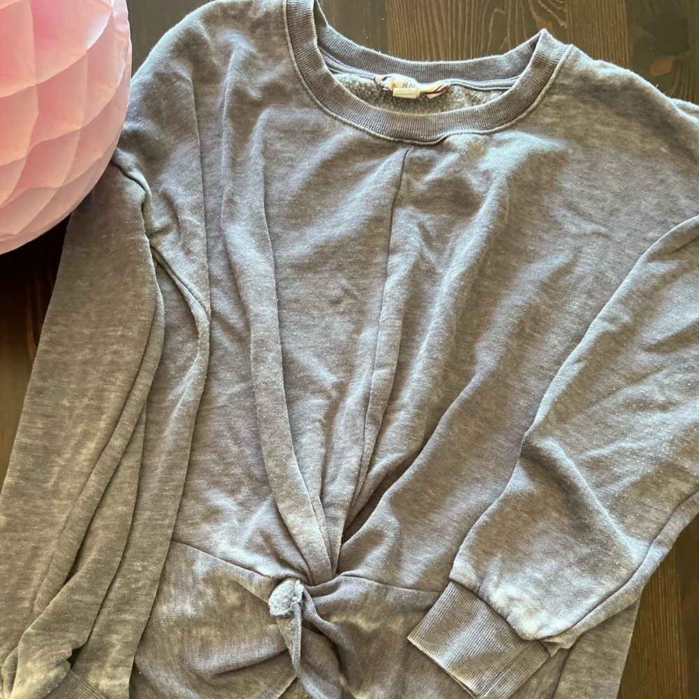 Pink Rose Sweatshirt Knotted front distressed look . Soft material Sz M  Gray